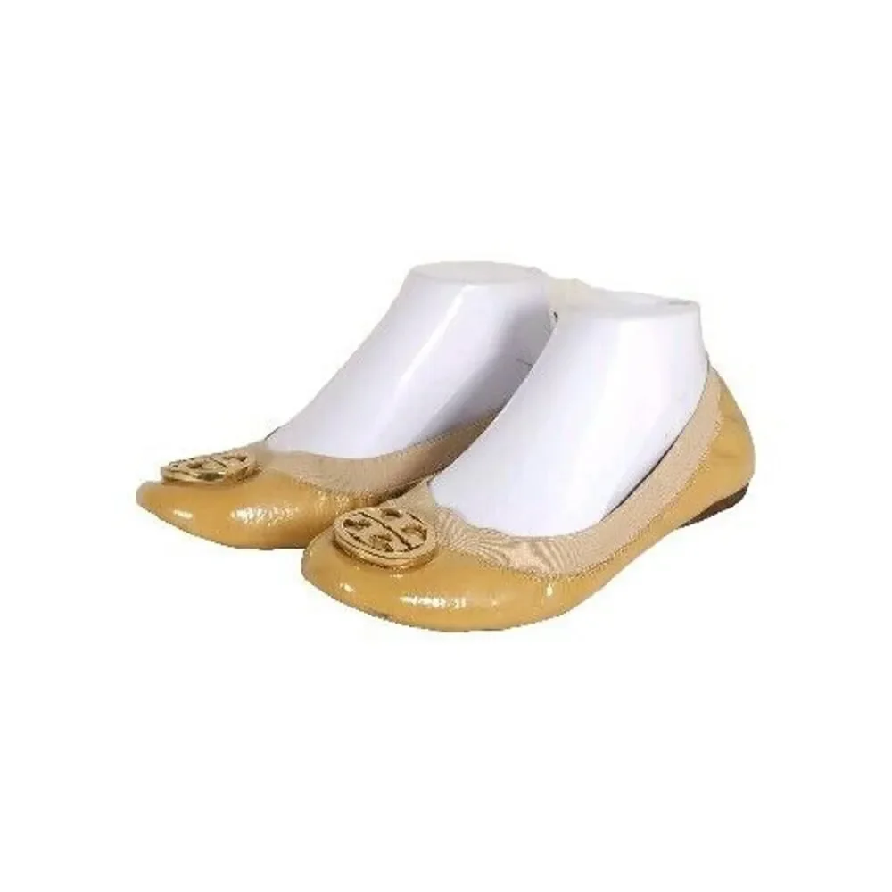TORY BURCH Women's Caroline 2 US 8M Tan Leather Logo Slip On Ballet Flats